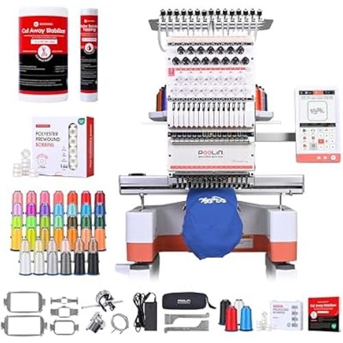 Poolin EOM 15-Needle Embroidery Machine | Starter Plus Bundle – Includes 40 Thread Kit, 144pcs Bobbins, Cut Away & Tear Away Stabilizers, Tool Set