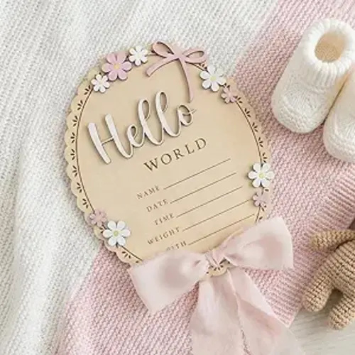 Baby Announcement Sign with Stand & Marker – Hello World Wooden Name Plaque for Newborn Photoshoot, Baby Shower, Rustic Keepsake Birth Stat Sign for Hospital Birth Announcement (Light pink ribbon)