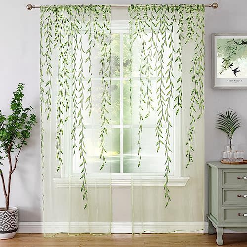 WANSOUL Leaf Sheer Curtains 2 Panels, Vine Patterned Green Sheers Rod Pocket Leaves Voile Drapes Willow Design Window Curtain for Bedroom, Living Room, Balcony, Sunroom,Doorway Decor