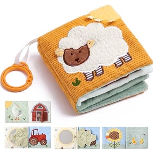 let's make Interactive Soft Baby Book for Babies 0-12 Months, Farm Story Sensory Cloth Book with Teether & Mirror, Newborn Tummy Time Activity Toy, Crinkle Stroller Toy for Infants