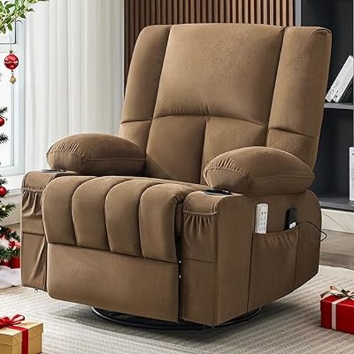 Oversized Recliner Chairs for Adults, Swivel Rocker Recliner with Heat and Massage Lazy Boy Recliner,Recliner Chairs Single Sofa Seat with Cup Holders Chair(Brown,Electric)