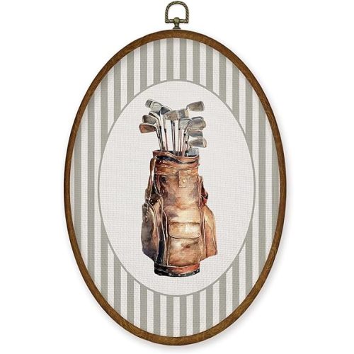 WULQYING Golf Bag Sports Nursery Wall Art Decor, Boys Room Oval Framed Canvas Art Prints, Neutral Striped Sport Lover Gift Wall Hanging Decor for Kids Nursery Room Playroom, 8.5x11.3 Inches