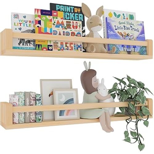 Heimlove Floating Shelves, Rustic Natural Solid Wood Wall Nursery Shelves - Book Shelves for Kids Room, Bedroom, Kitchen, Living Decor (Natural, 32inch - 2P)