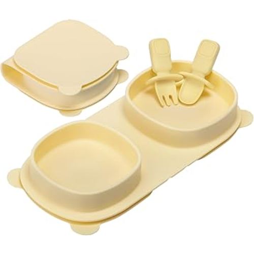 Silicone Foldable Novelty Dinner Plates,Suction Plates for Baby Travel Essential with Forks and Spoons,Microwave & Dishwasher Safe,Yellow