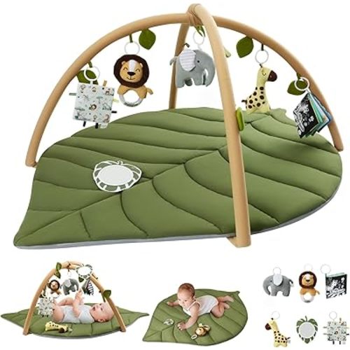 Blissful Diary Baby Play Gym & Activity Mat, Oversize Leaf Shaped Baby Play Mat w 6 Detachable Toys, Tummy Time Mat Promote Motor Skills & Sensory Development Mat, Newborn Infant Baby Essentials Gift