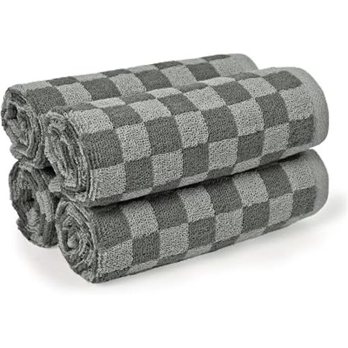 Jacquotha Grey Checkered Washcloths Set of 4 - Cotton Face Towels 13" x 13"