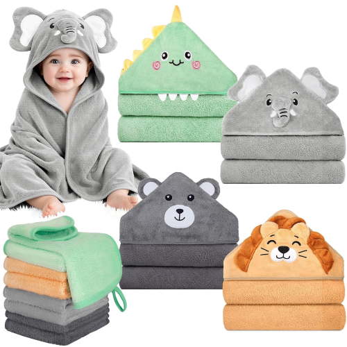 12 PCS Baby Bath Towels Set for Infants Toddlers, 4 PCS Animal Hooded Baby Towels & 8 PCS Washcloths Set, Ultra Absorbent Cute Soft Newborn Bath Essentials Gifts for Boys & Girls