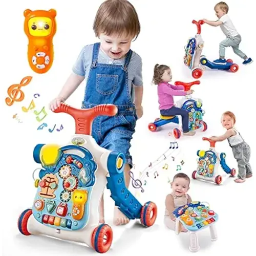 5 in 1 Baby Walker Sit-to-Stand Toys, Learning Walker for Boys Girls Toddler, Multifunctional Educational Activity Center Removable Play Panel, Push Walker Toys Gifts for Infant 6-18 Months
