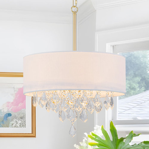 House of Hampton® 5 - Light Dimmable Fabric Drum Chandelier With Crystal Accent | Wayfair