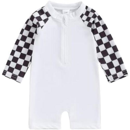 Lesimsam Toddler Baby Boy Swimsuit Checkered Patchwork Long Sleeve One Piece Zipper Bathing Suit Rash Guard Swimwear Sunsuit