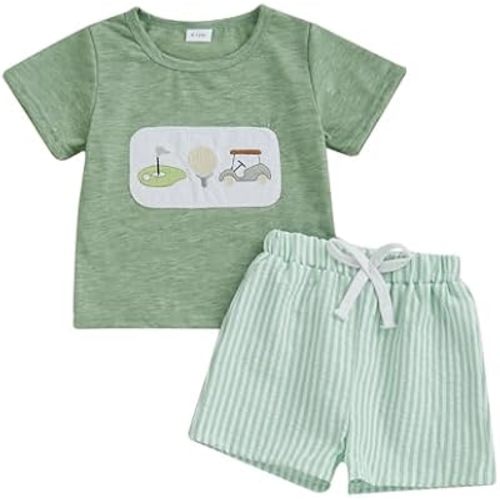 Toddler Baby Boy Summer Outfits Short Sleeve Embroidered T Shirt Tees + Striped/Plaid Shorts Infant Clothes Set