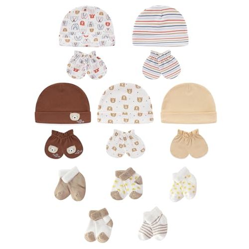 Baby Hats Mittens and Socks Set Soft Cotton Newborn Hat Glove for Boys Girls 0-6 Month