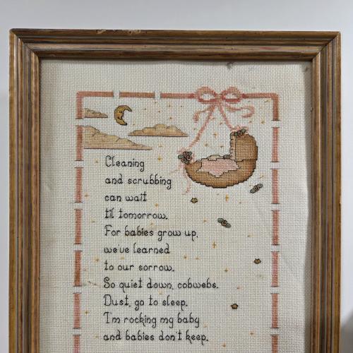 Vintage Framed Cross-Stitch Art: "Babies Don't Keep" Poem | Sentimental Motherhood Nursery Decor