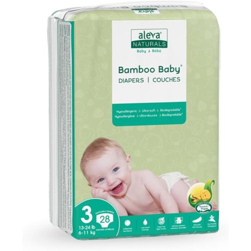 Aleva Naturals Hypoallergenic Bamboo Baby Diapers for Baby, Ultra Soft, Sensitive Skin Friendly, Biodegradable, Disposable - Size 3 (13-24 lbs / 6-11 kgs), 28 Count - Size 3