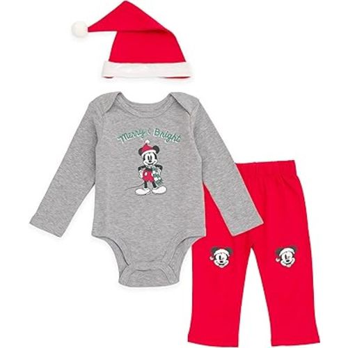 Disney Christmas Baby Bodysuit, Pants and Velour Santa Hat 3 Piece Outfit Set Newborn to Infant Sizes (Newborn - 24 Months)