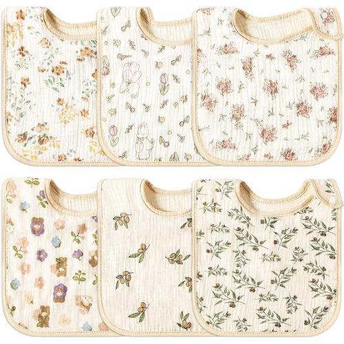 Zainpe 6Pcs Snap Muslin Cotton Baby Bibs Soft & Absorbent Burp Cloths for Newborns Drooling Feeding