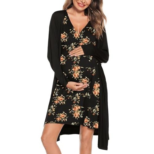 SWOMOG Women Maternity Nursing Gown and Robe Set 3 in 1 Labor Delivery Nursing Nightgown for Breastfeeding Hospital Bathrobe