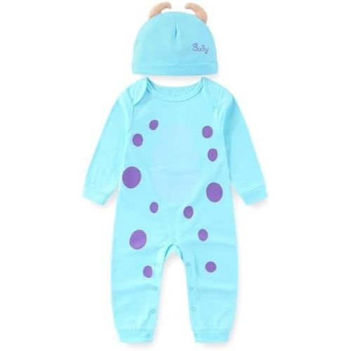 Disney Monsters Inc. Sulley Baby Boys Romper Coverall with Hat Cap 2 Piece Set for Newborn and Infant