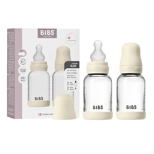 BIBS Glass Baby Bottles 2-Pack, 4 Oz. Anti-Colic System for Gas Reduction. Vented Round Silicone Nipple. Supports Infant and Newborn Breastfeeding - 120 ml (Pack of 2), Ivory