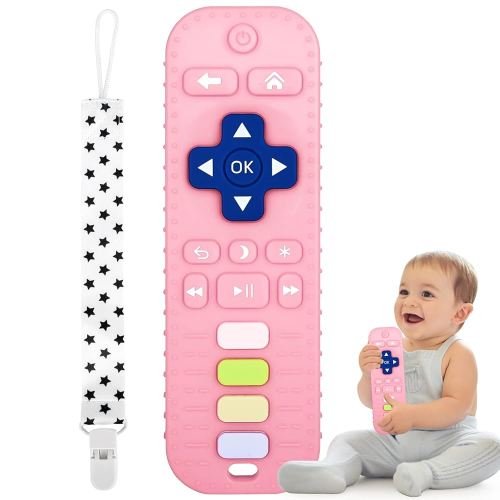 Fu Store Silicone Teething Toys for 0-12 Months 3-24 Months Infant Toddlers Remote Control Shape Teethers for Babies Chew Toys Relief Soothe Babies Gums Set Dishwasher and Refrigerator Safe Pink