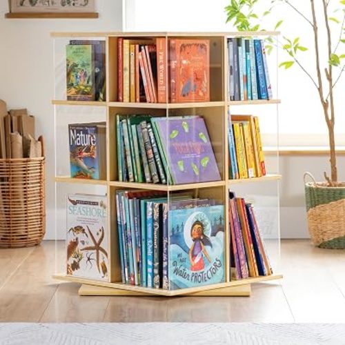 EdQ Rotating Big Book Display – Natural: 3-Tier Wooden Bookshelf for Kids' Room with Acrylic Sides | 360° Spinning Bookcase with Multi-Size Shelves for Home and Classroom Storage & Organization