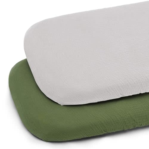 Muslin Bassinet Sheet for Baby Boy and Girl-2 Pack 17"x 33" Soft Bedside Bassinet Sheets Fitted for Rectangle, Round, Oval, Hourglass Mattress-Neutral Olive Green & Beige
