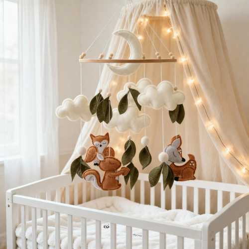 Felt Woodland Animals Crib Mobile, Deer Owl Squirrel, Neutral Nursery Decor