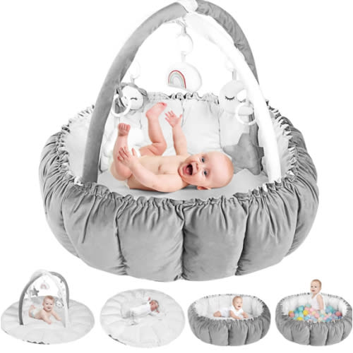 5 in 1 Thick and Plush Play Gym, Tummy Time Mat, Play Mat for Babies and Toddlers, Activity Gym, Baby Activity Center from Baby to Toddler, Ball Pit, Soft Plush Pet Bed, with 5 Toys(Gray)