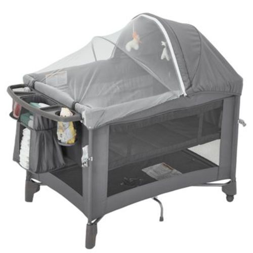 5-in-1 Baby Bassinet&Playard-Deep Gray Convertible Crib with Diaper Changer, Rotating Toy Bar & Insect Net-One-Push Setup for Newborns to Toddlers