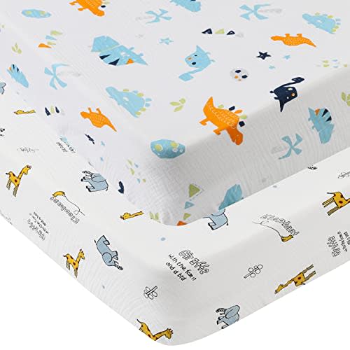 Muslin Crib Sheets 2 Pack for Boy, Soft Breathable Baby Fitted Sheet 28" x 52" Compatiable with Standard Crib Mattress and Toddler Bed Mattress, Elephant Giraffe and Dinosaur