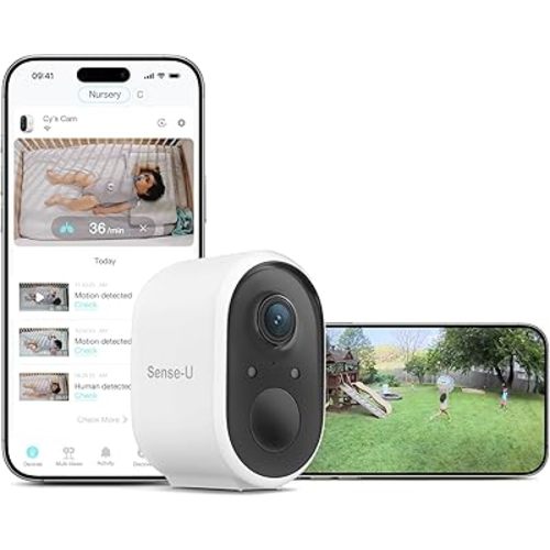 Sense-U Security Baby Monitor Camera, Indoor/Outdoor Use, AI Breathing Detection, Battery Operated, Waterproof, No Monthly Fees