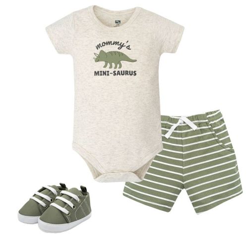 Hudson Baby Boy Cotton Bodysuit, Shorts and Shoe Set, Sage Dino, 3-6 Months