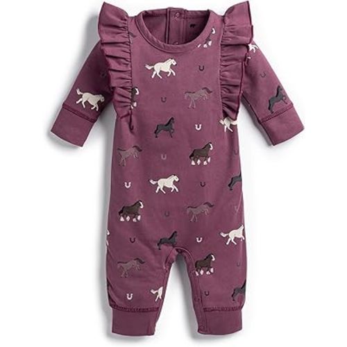 monica + andy Double Ruffle Romper, Size 3-6 Months, Fall Horses, Organic Baby Clothes for Girls, Long Sleeve, Sustainable Super Soft Fabric, Sizes for Newborn & Infant