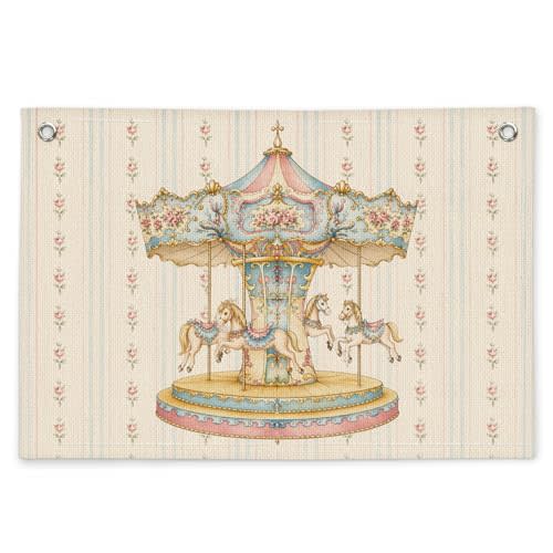 Carousel Nursery Decor Canvas Wall Hanging Banner, Vintage Merry Go Round Sign Pink Blue Floral Wall Banner Flag for Baby Girl Nursery Toddler Room Bedroom Playroom Decor, 20x30 Inch