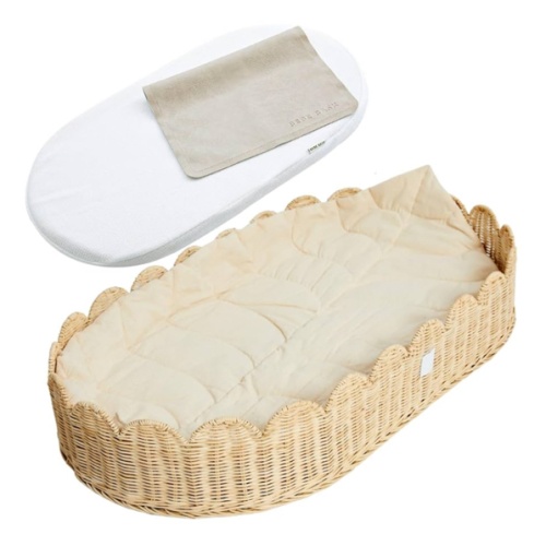 Bebe Bask Premium Baby Changing Basket - Artisan-Crafted Scalloped Rattan - Changing Basket for Baby Dresser - All Accessories Included - Complete Set for Nursery (Natural)