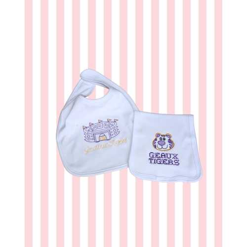 LSU Tigers Baby Bib and Burp Cloth Set: Embroidered Geaux Tigers