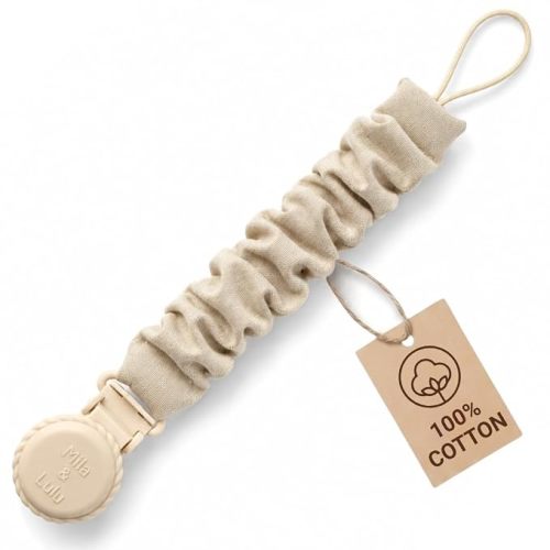 Muslin Cotton Pacifier Clips- Metal-Free, Lightweight and Secure Pacifier Holder for Babies (Beige Toile) - Mila & Lulu