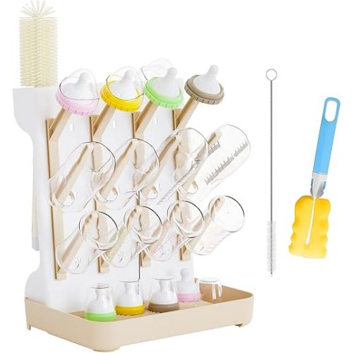 Huishun Baby Bottle Drying Rack: Large Vertical Bottle Dryer Rack Holder - Space Saving Standing Drying Rack for Baby Bottles and Pump Part Cleaning（Beige）