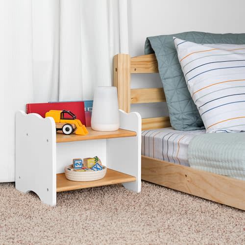 Ocodile The Original Kids Nightstand for Floor Beds, Solid Wood Small Bedside Table with Book Pocket, Low Tiny Nightstand for Nursery, Toddler & Kids Room, Montessori Style Side Table - White