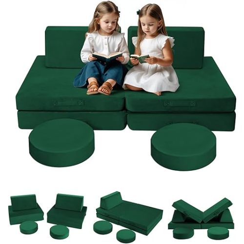 MeMoreCool 8-Piece Modular Kids Play Couch – Green Convertible Foam Toddler Sofa for Playroom, Fold-Out Baby Couch Play Set