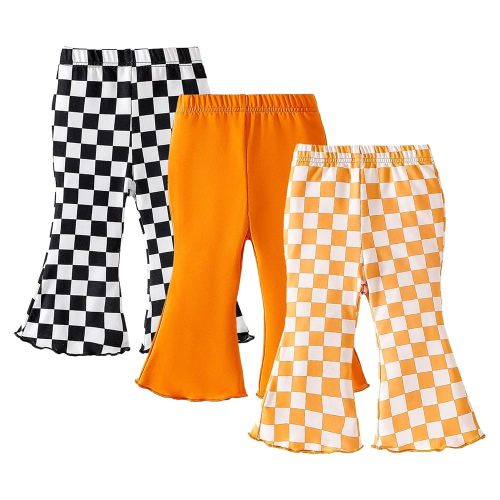 SOBOWO Checkered Baby Girl Flare Pants 3 Pack Toddler Bell Bottoms Plaid Ruffle Leggings Pants Fall Winter Outfits Size 6M-4T