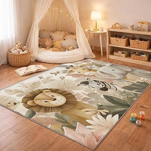 Safari Animal Kids Area Rug, Neutral Jungle Nursery Rug, Soft Washable Non-Slip Low Pile Carpet for Baby Boys Girls Bedroom Playroom Decor, 5x7