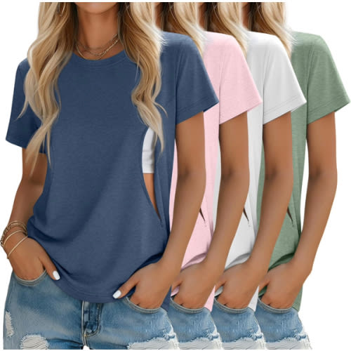 4 Pack Women's Nursing Breastfeeding Shirts with Zipper Loose Fit Short Sleeve Maternity Top Nursing Clothes