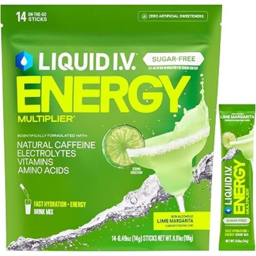 Liquid I.V.® Hydration Multiplier Sugar-Free + Energy - Lime Margarita Mocktail | Electrolyte Powder Drink Mix | 1 Pack (14 Servings)
