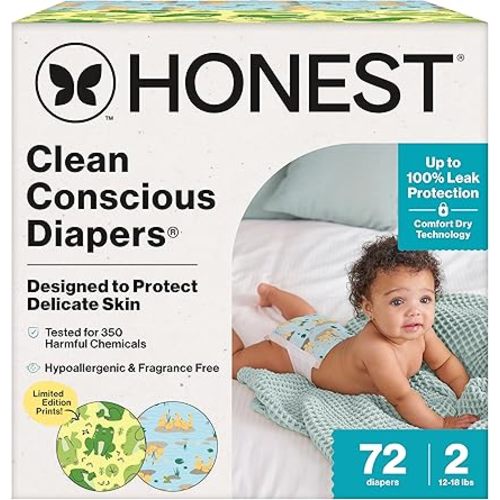 The Honest Company Clean Conscious Diapers®, Up to 100% Leak Protection, Designed to Protect Delicate Skin, Hypoallergenic + Fragrance-Free, UR Ribbiting + Waddle It Be, Club Box, Size 1, 78 Count