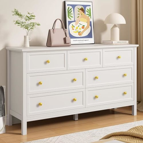 LYNSOM White Dresser for Bedroom with 7 Drawers, Modern Wide Chest of Storage Drawer with Gold Handles, TV Stand Dresser, Wood Dressers for Bedroom Living Room, Hallway, Entryway, 55’’