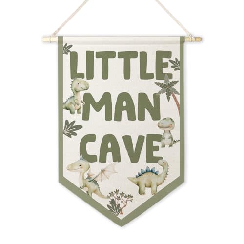 ArtisaEura Little Man Cave Wall Canvas Banners,Dragon Nursery Decor, Sage Green Dinosaur Dragon Hanging Display Pennant Banner Flags, Nursery Wall Decor for Kids Boys Room Bedroom Playroom