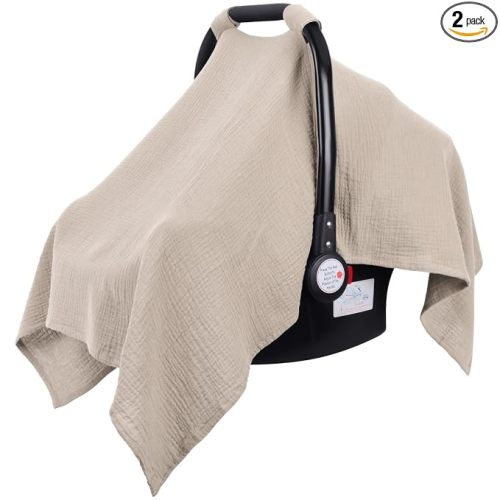 Metplus Muslin Car Seat Cover for Babies, 100% Cotton Infant Carseat Canopy | Breathable Baby Car Seat Cover for Summer, Lightweight Stroller Sunshade Covers for Newborns (Cereal)