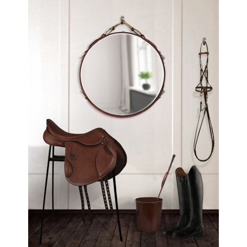 18" Equestrian Leather Mirror with Snaffle Bit - Horse Decor