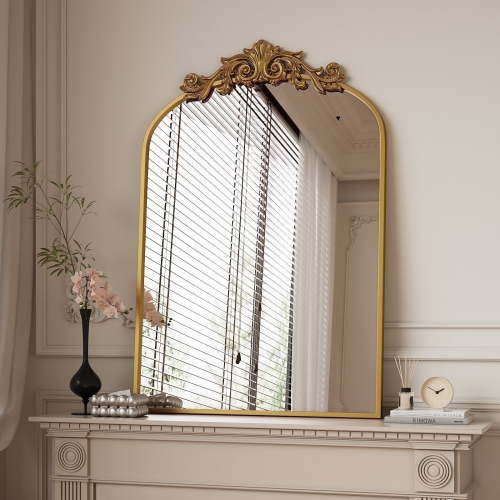 BEAUTYPEAK 38"x 24" Arched Bathroom Mirror Baroque Style Wall Decor,Gold